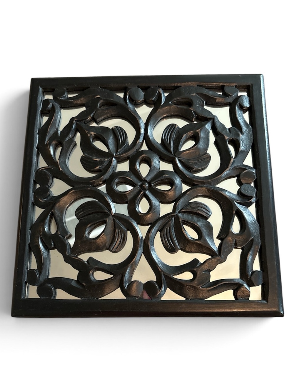 New! ornate square carved wooden wall plaque with a mirrored backing!